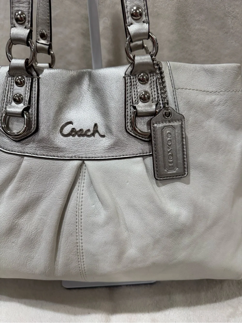 Coach Ashley Leather Shoulder Tote with Silver Trim